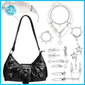 Y2K Shoulder Bag Vintage Buckle Handbag Goth Punk Hobo Purse Accessories Set